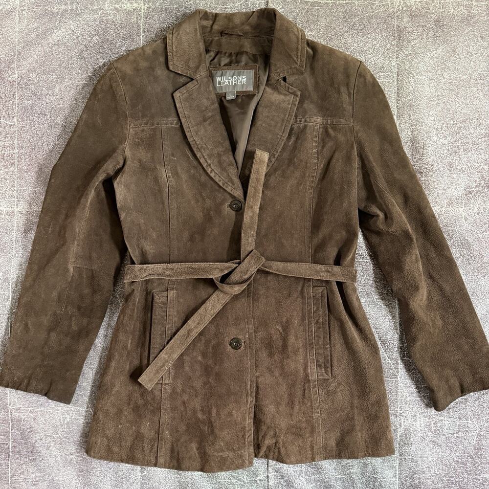 Women's Vintage Y2K Wilsons Leather Brown Suede Belted Duster Coat Jacket Sz L